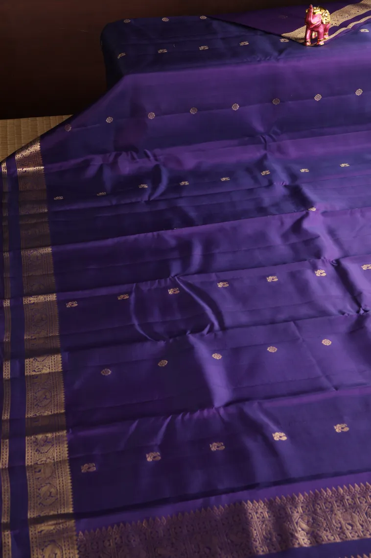 Indigo Blue Soft Silk Saree with Gold Zari Peacock And Rudhractam view 2