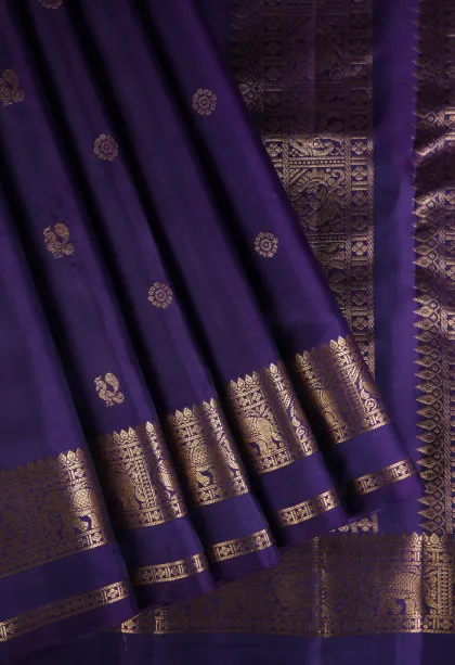 Indigo Blue Soft Silk Saree with Gold Zari Peacock And Rudhractam