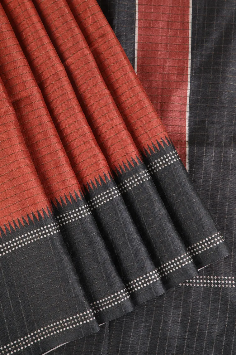 Apple Red Tussar Saree with Gold Zari Checks