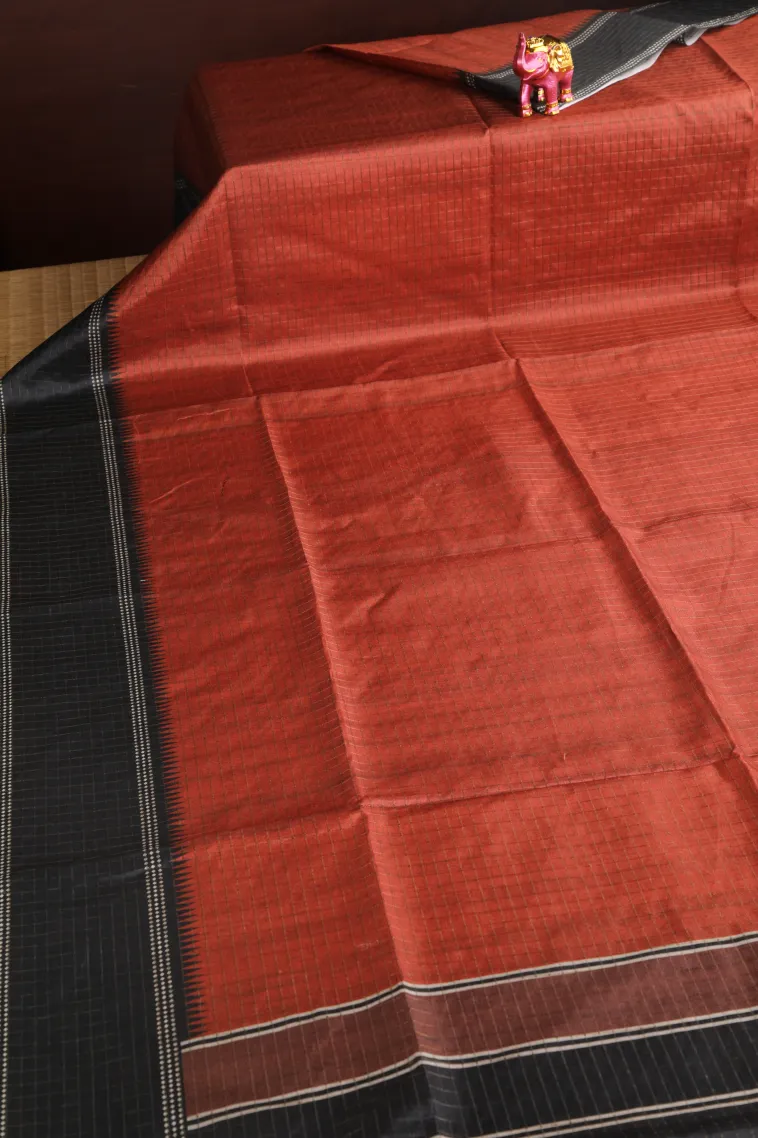 Apple Red Tussar Saree with Gold Zari Checks view 2