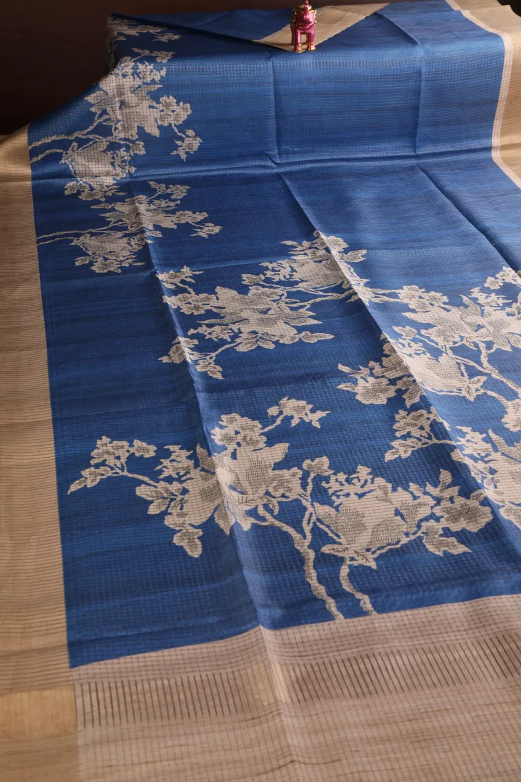 Admiral Blue Jute Sarees with Gold Zari Floral Patterns view 2