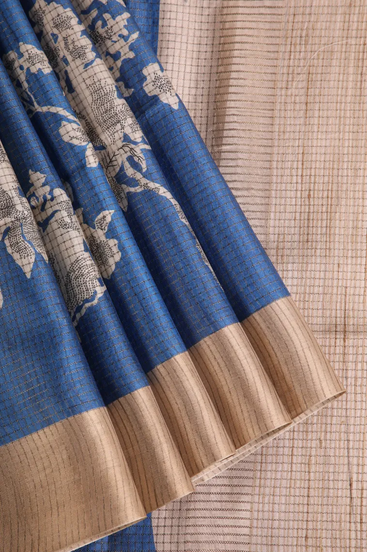 Admiral Blue Jute Sarees with Gold Zari Floral Patterns