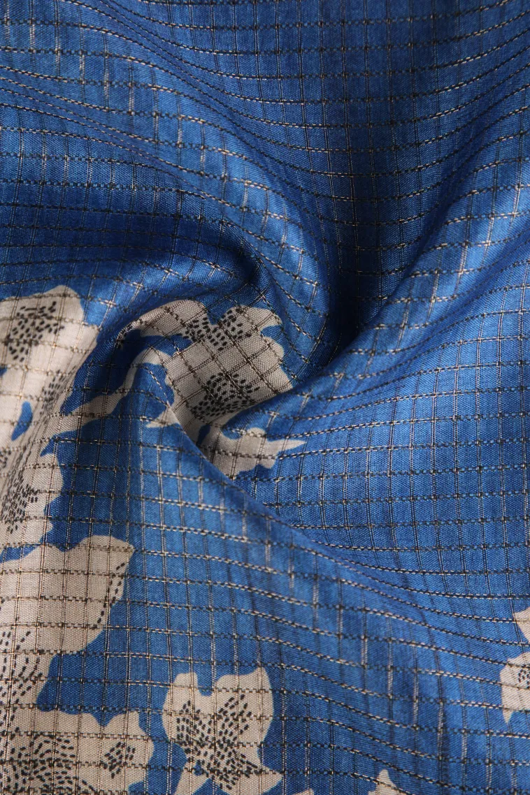 Admiral Blue Jute Sarees with Gold Zari Floral Patterns view 4