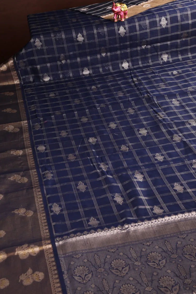 Indigo Blue Raw Silk Sarees with Thread Zari Checks And Puttas view 2