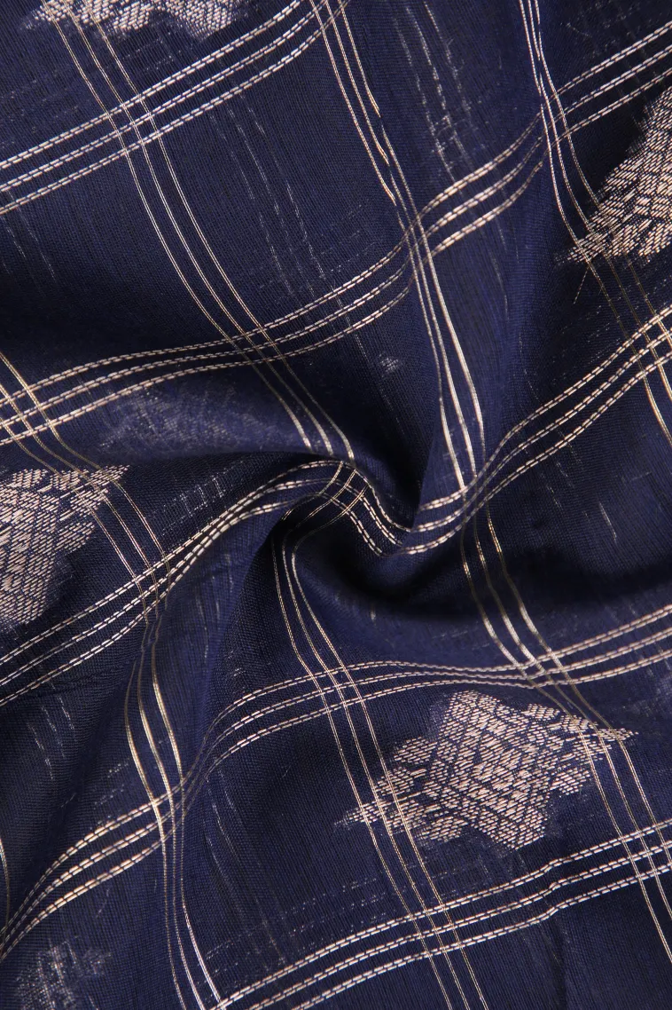 Indigo Blue Raw Silk Sarees with Thread Zari Checks And Puttas view 4