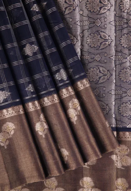 Indigo Blue Raw Silk Sarees with Thread Zari Checks And Puttas