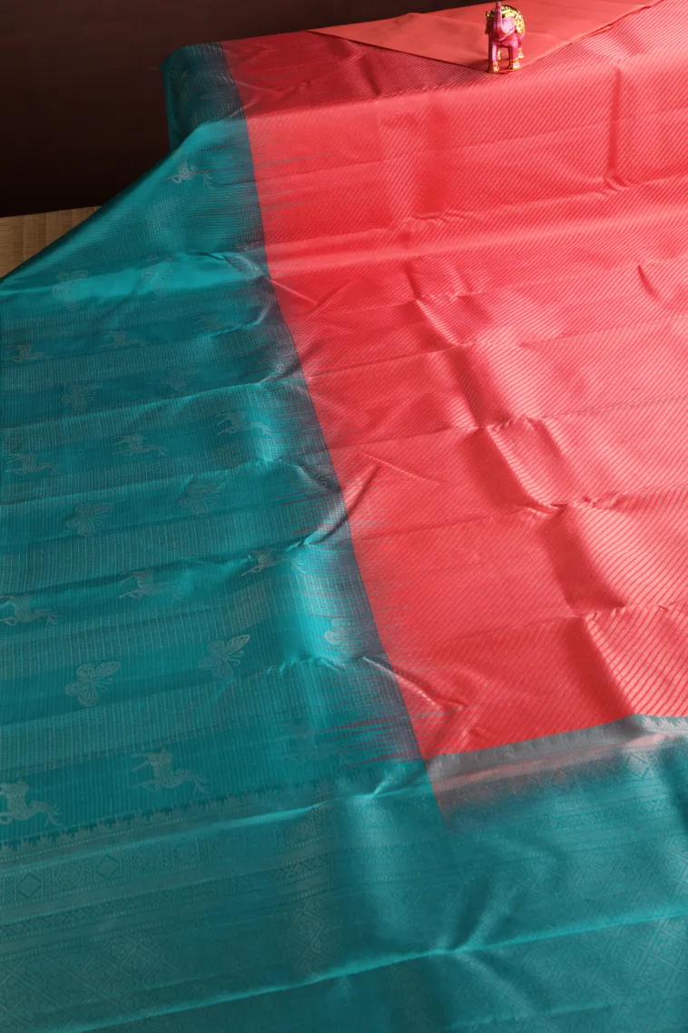 Strawberry Pink Soft Silk Saree with Silver Zari Cross Straipes view 2
