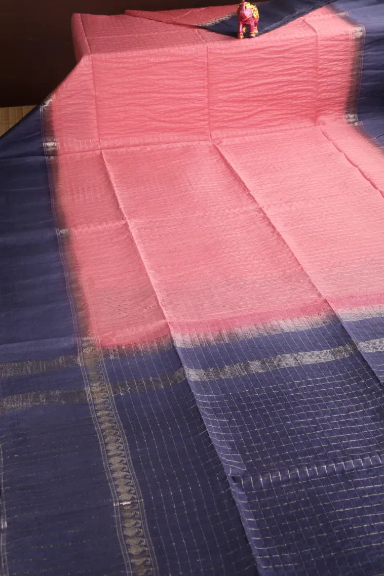 Rose Pink Tussar Saree with Gold Zari Checks view 2