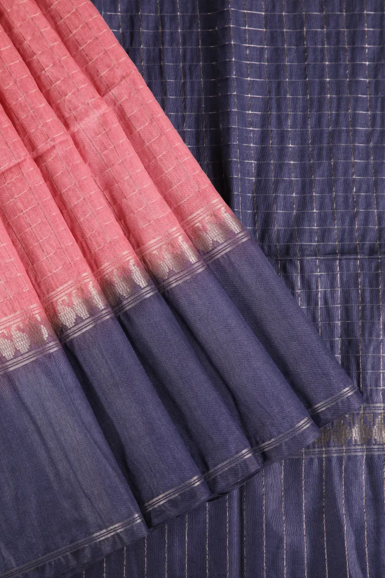 Rose Pink Tussar Saree with Gold Zari Checks