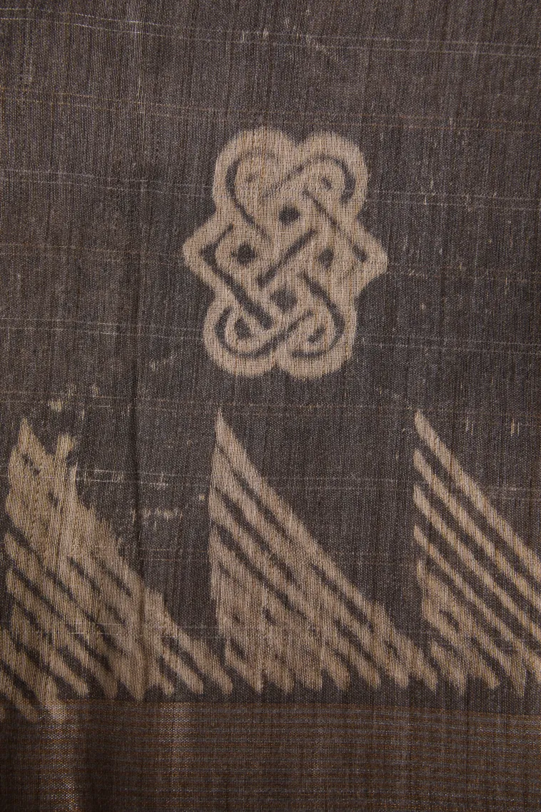 Granite Black Semi Tussar Silk with Gold And Silver Zari Geometric Shapes view 3