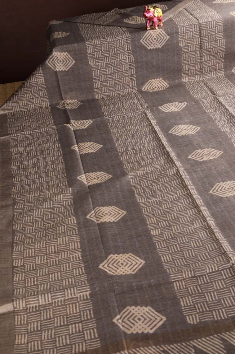 Granite Black Semi Tussar Silk with Gold And Silver Zari Geometric Shapes view 2
