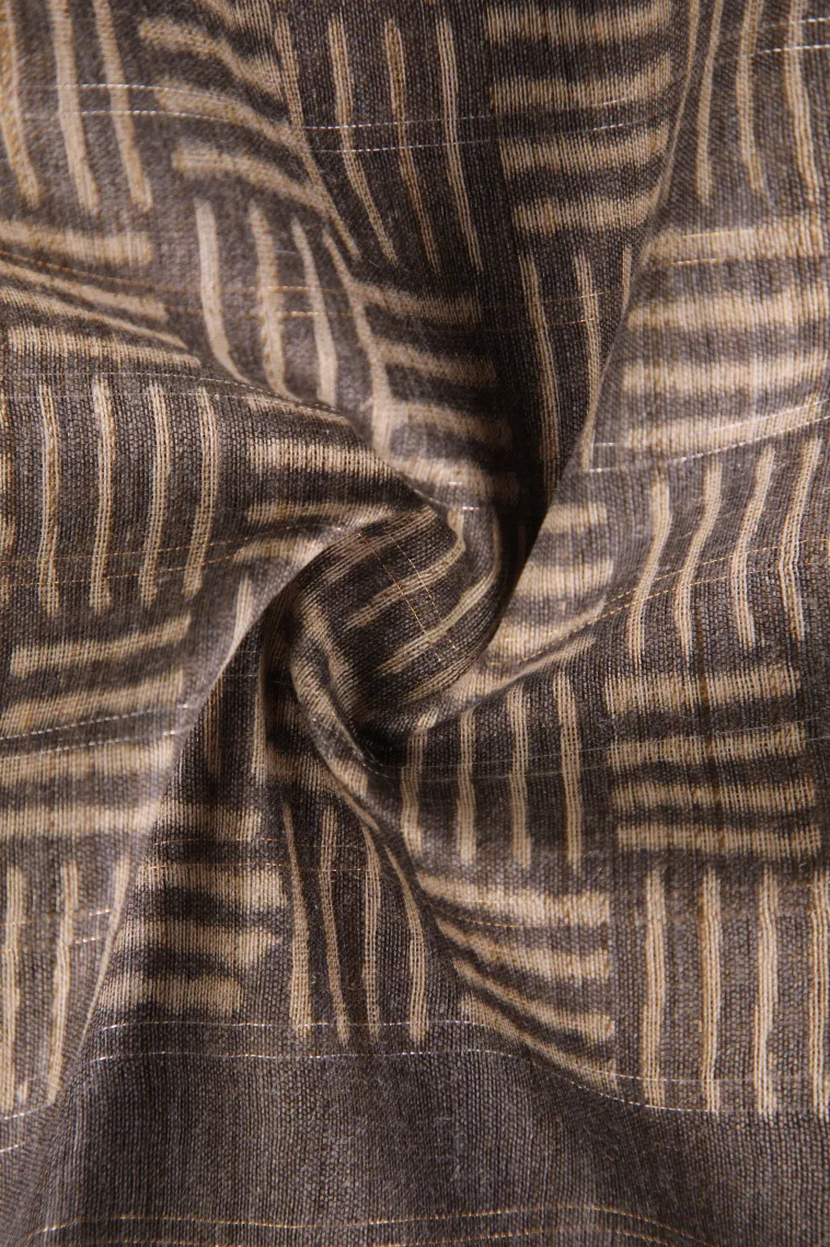 Granite Black Semi Tussar Silk with Gold And Silver Zari Geometric Shapes view 4