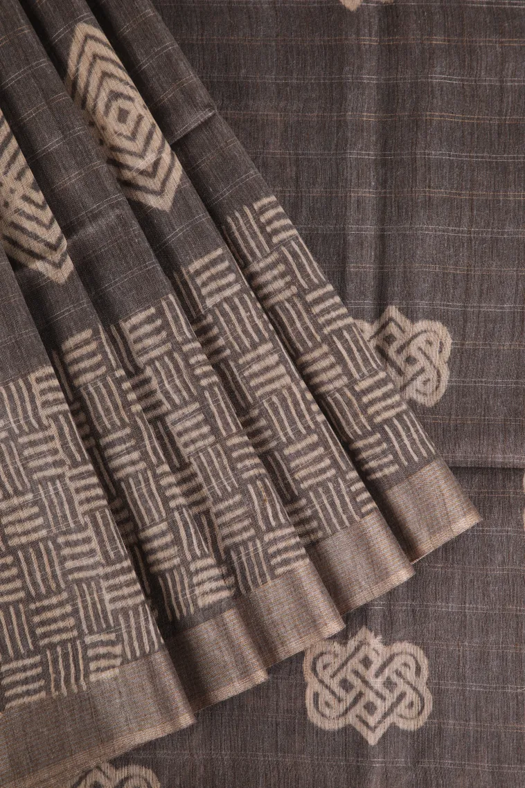 Granite Black Semi Tussar Silk with Gold And Silver Zari Geometric Shapes
