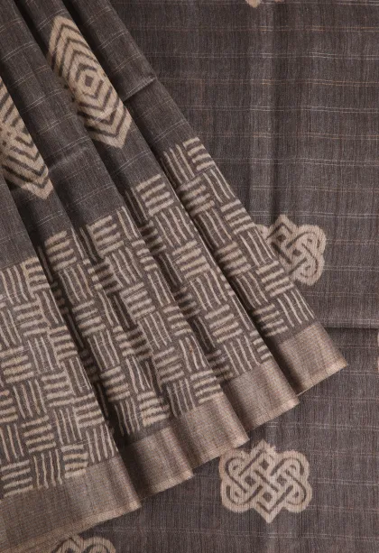 Granite Black Semi Tussar Silk with Gold And Silver Zari Geometric Shapes