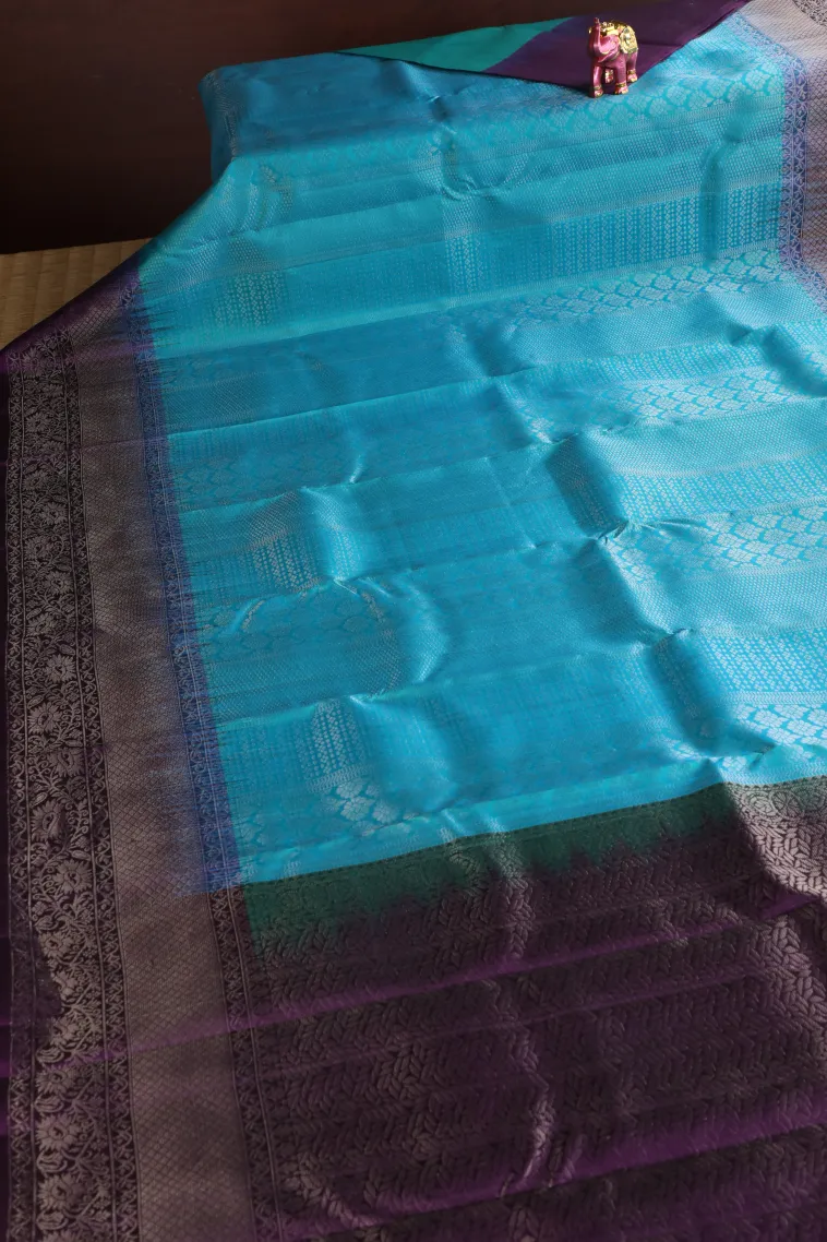 Sky Blue Soft Silk Saree with Silver Zari Floral Patterns view 2