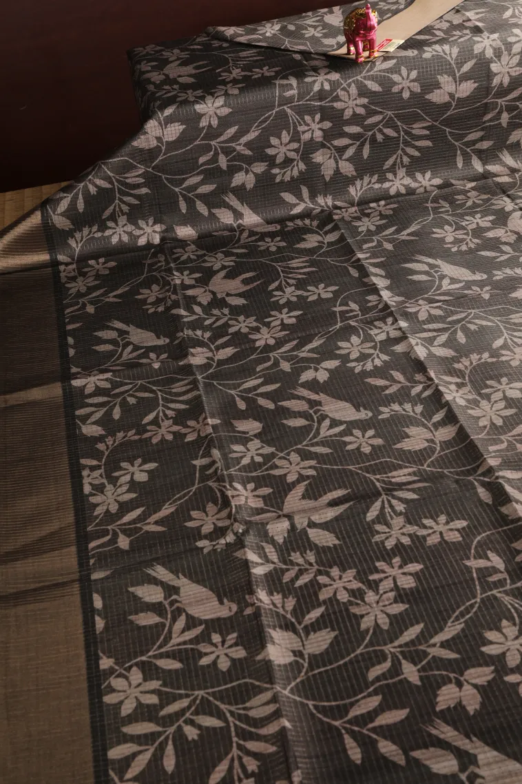 Sage Green Tussar Saree with Copper Zari Small Checks Pattern view 2