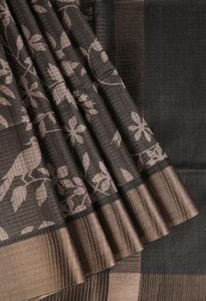 Sage Green Tussar Saree with Copper Zari Small Checks Pattern