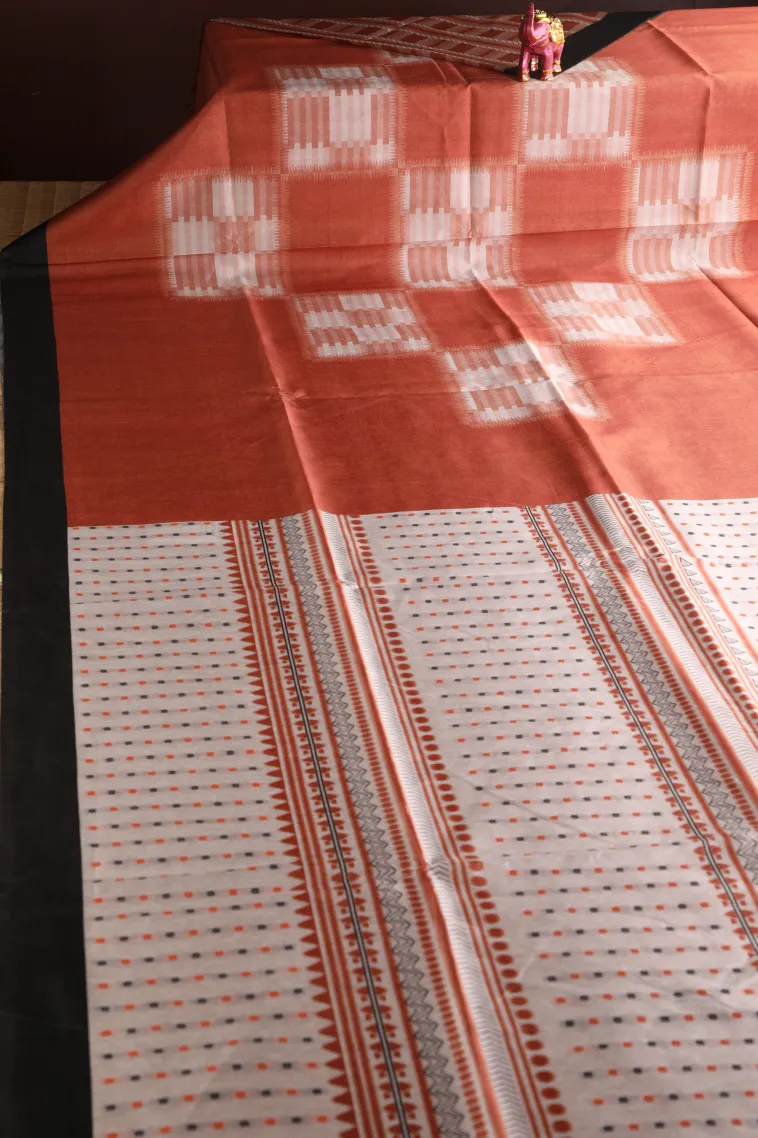 Fire Orange Tussar Saree with Antic Zari Jamandery Pattern view 2