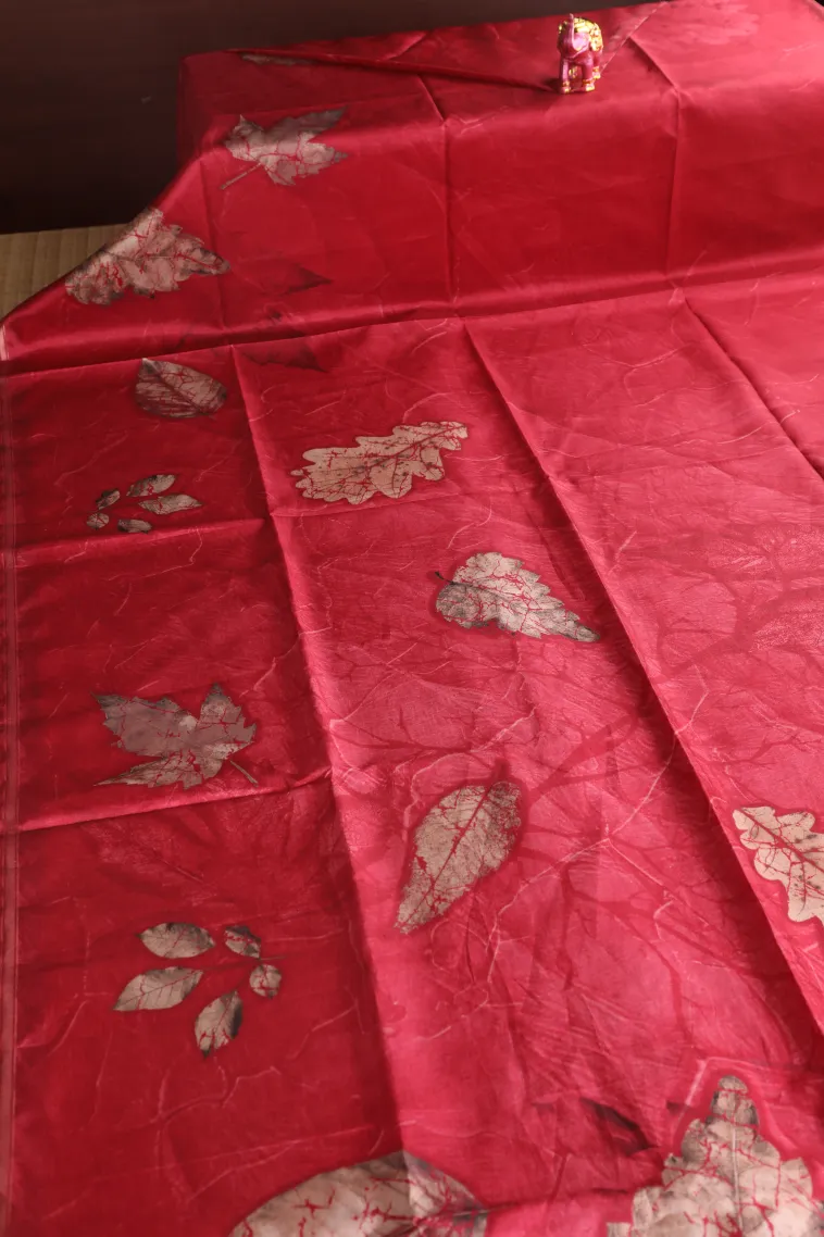 Rose Red Semi Tussar Silk Without Zari With Leaf Pattern view 2