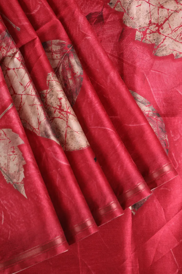 Rose Red Semi Tussar Silk Without Zari With Leaf Pattern