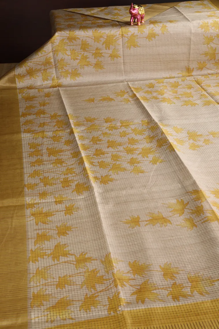 Merigold Orange Jute Sarees with Gold Zari Floral Patterns view 2