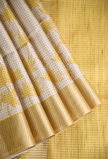 Merigold Orange Jute Sarees with Gold Zari Floral Patterns
