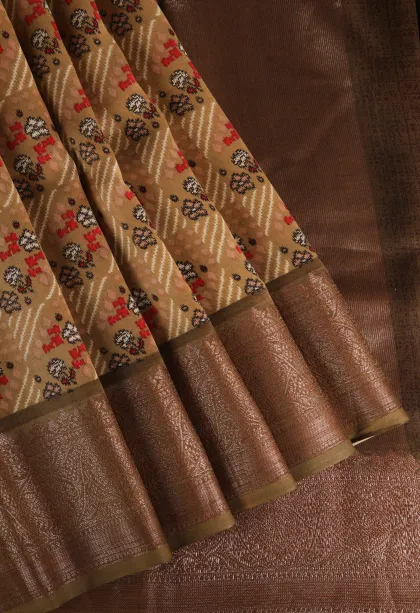 Tortilla Brown Chanderi Cotton Sarees with Copper Zari Geometric Shapes