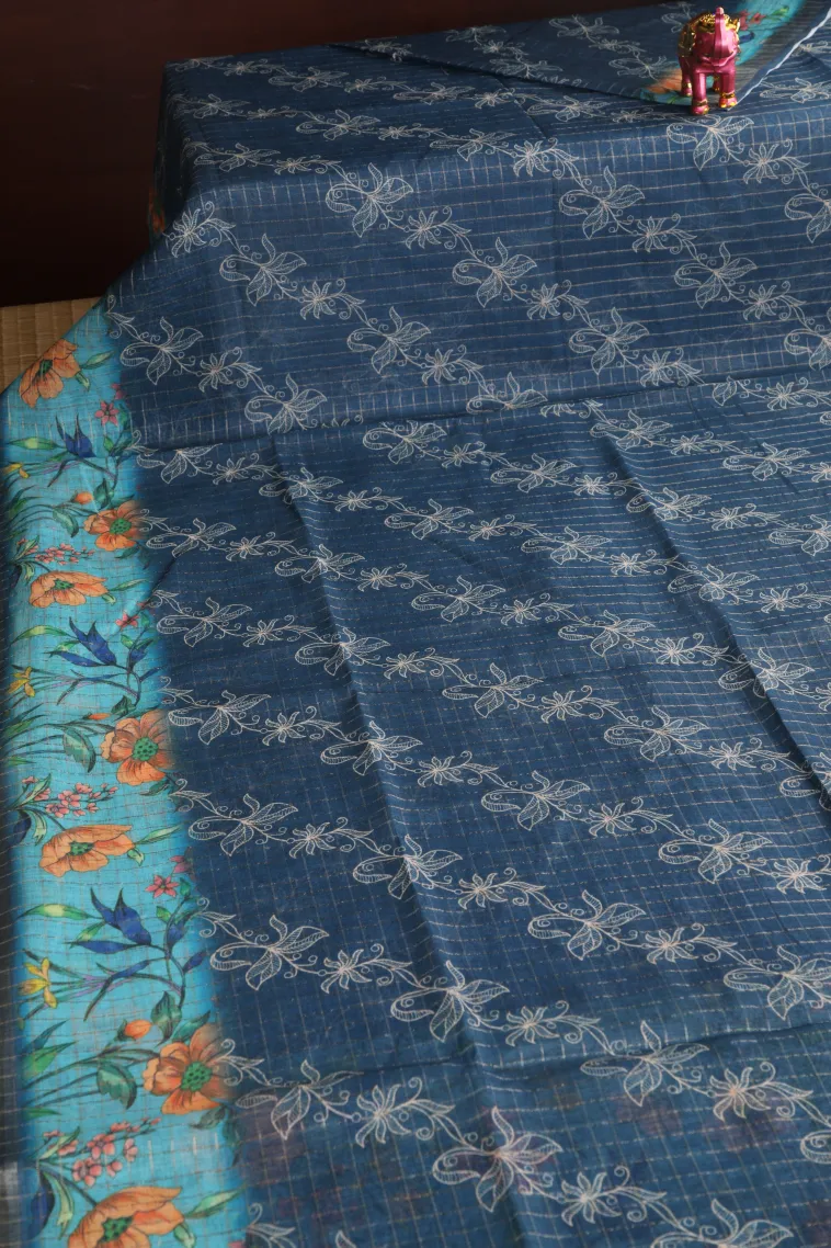 Aegean Blue Linen Saree with Gold Zari Checks And Puttas view 2