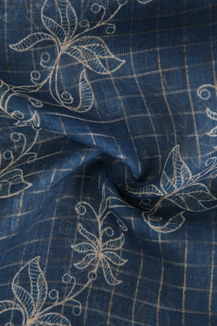 Aegean Blue Linen Saree with Gold Zari Checks And Puttas view 4