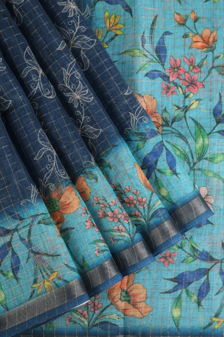 Aegean Blue Linen Saree with Gold Zari Checks And Puttas