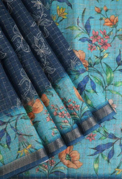 Aegean Blue Linen Saree with Gold Zari Checks And Puttas