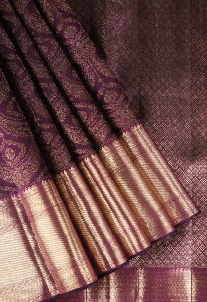 Grape Purple Kanchipuram Silk Sarees with Gold Zari Floral Patterns