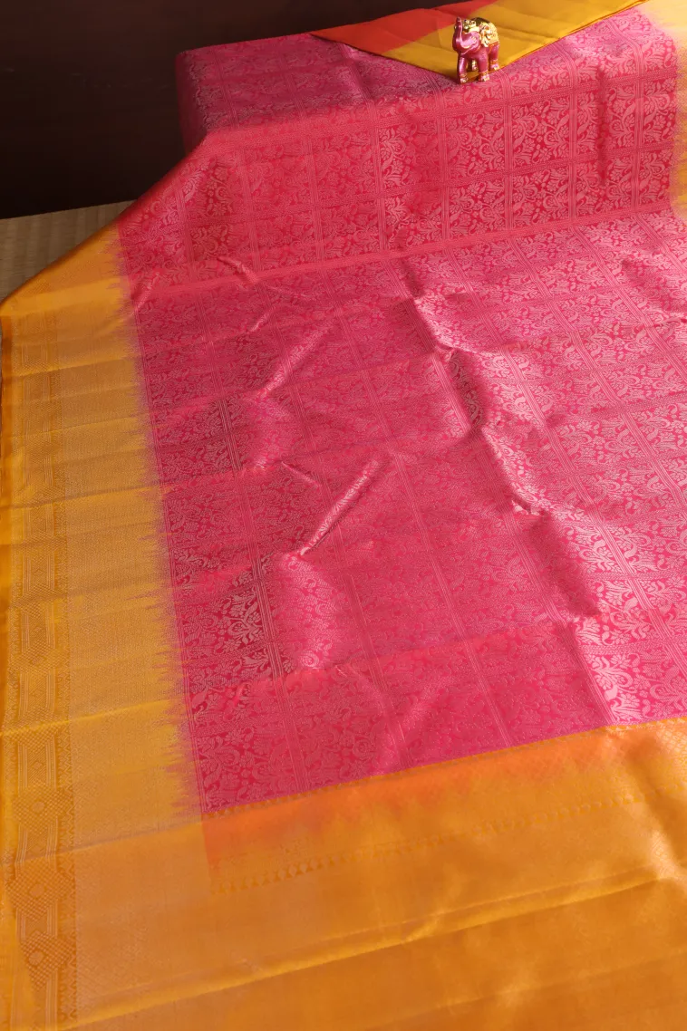 Rose Red Soft Silk Saree with Silver Zari Checks view 2