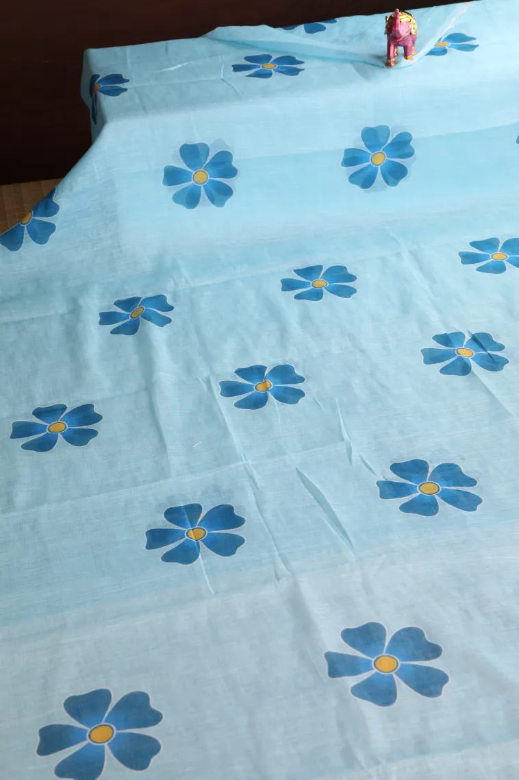Sky Blue Linen Saree Without Zari With Flower Mottif view 2