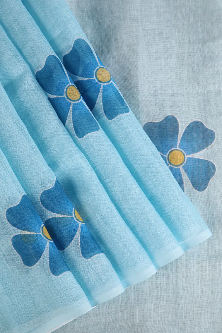 Sky Blue Linen Saree Without Zari With Flower Mottif