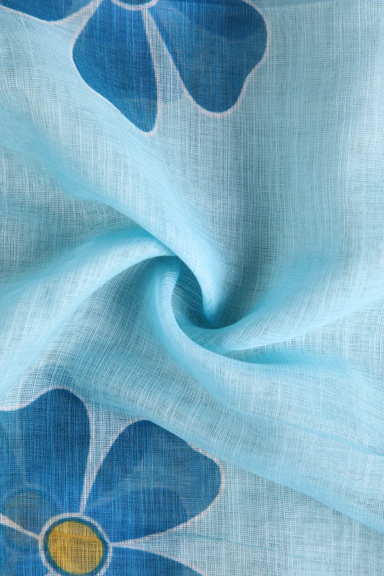Sky Blue Linen Saree Without Zari With Flower Mottif view 4