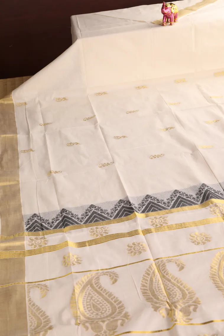 Cotton White Kasavu Sarees with Gold Zari Buttis (small Dots Or Motifs) view 2