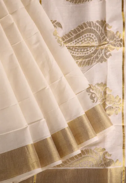 Cotton White Kasavu Sarees with Gold Zari Buttis (small Dots Or Motifs)