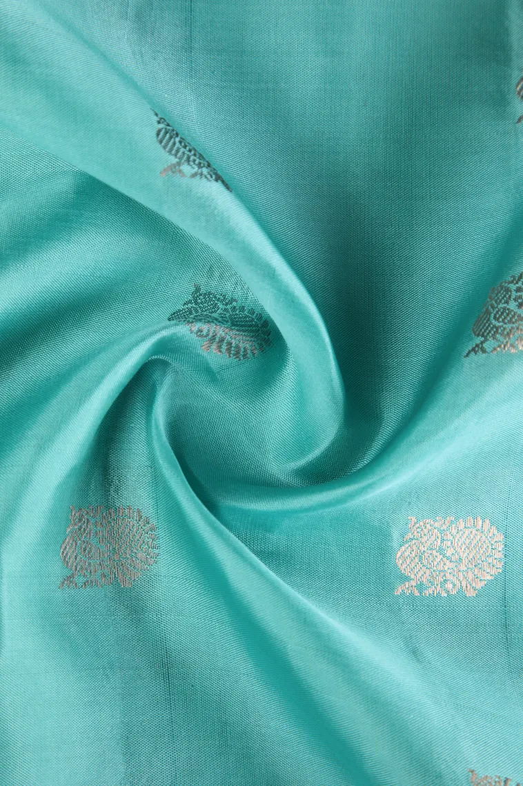 Arctic Blue Soft Silk Saree with Silver Zari Peacock Motifs view 4