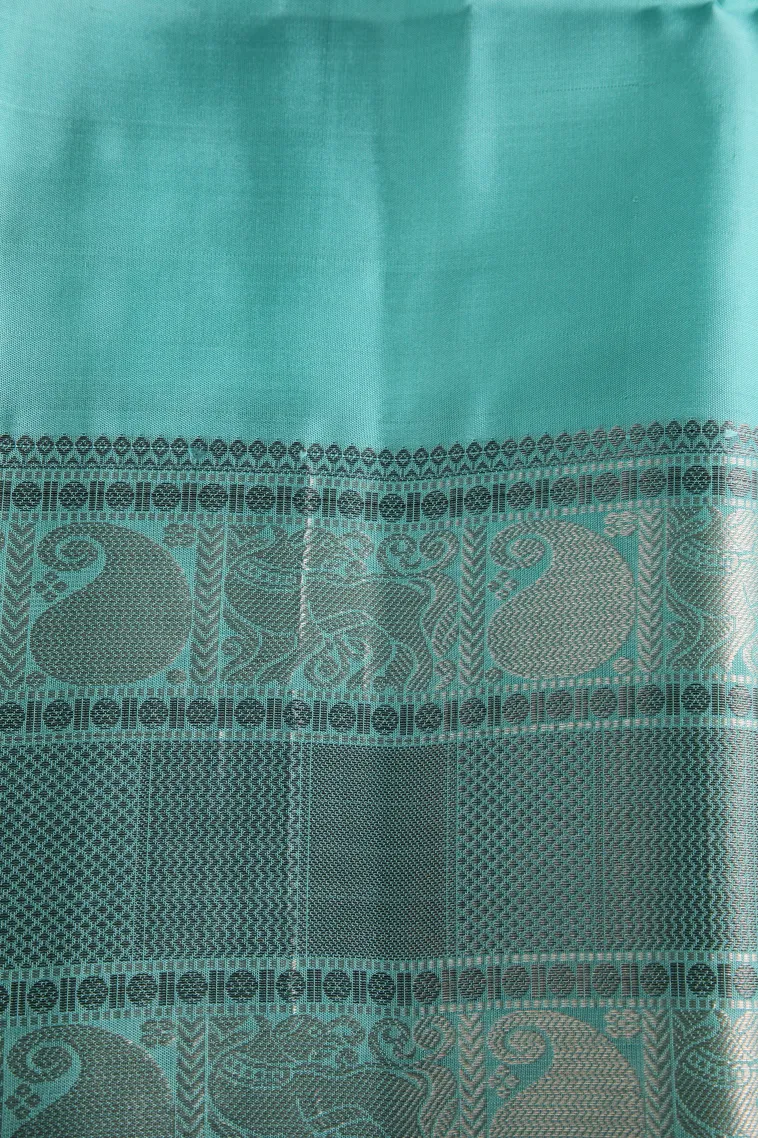 Arctic Blue Soft Silk Saree with Silver Zari Peacock Motifs view 3