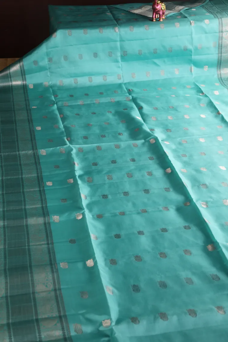 Arctic Blue Soft Silk Saree with Silver Zari Peacock Motifs view 2