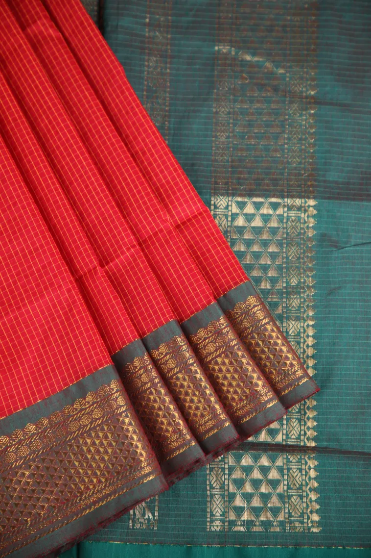 Candy Red Kalyani Cotton with Copper Zari Checks