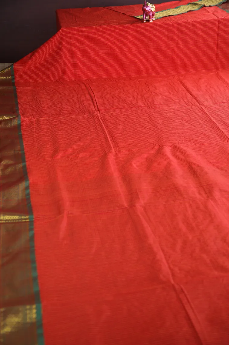 Candy Red Kalyani Cotton with Copper Zari Checks view 2