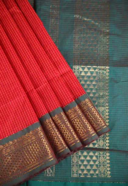 Candy Red Kalyani Cotton with Copper Zari Checks