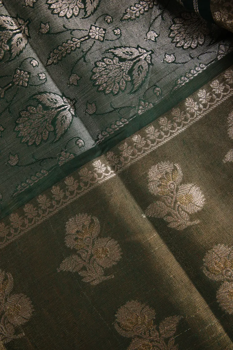 Bottle Green Raw Silk Sarees with Thread Zari Checks And Puttas view 3