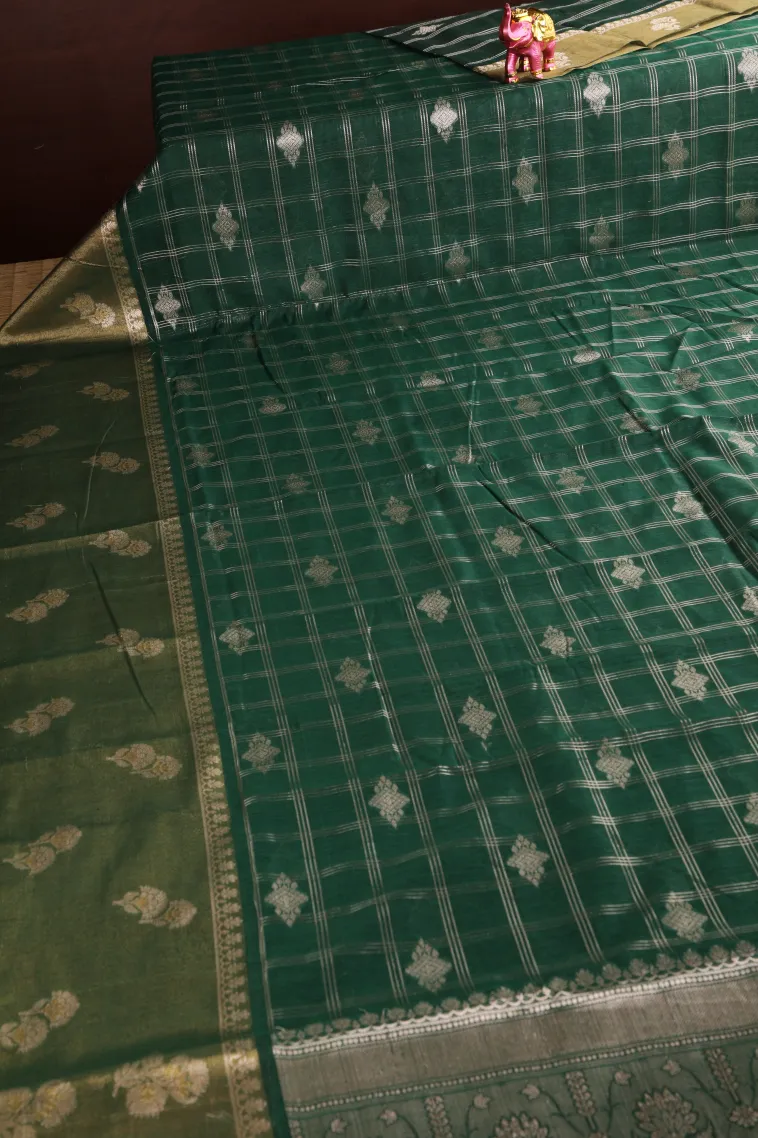 Bottle Green Raw Silk Sarees with Thread Zari Checks And Puttas view 2