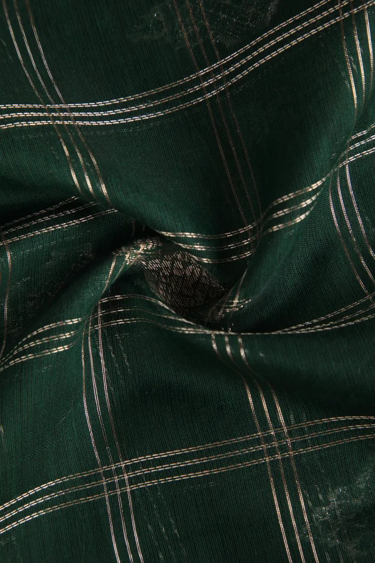 Bottle Green Raw Silk Sarees with Thread Zari Checks And Puttas view 4