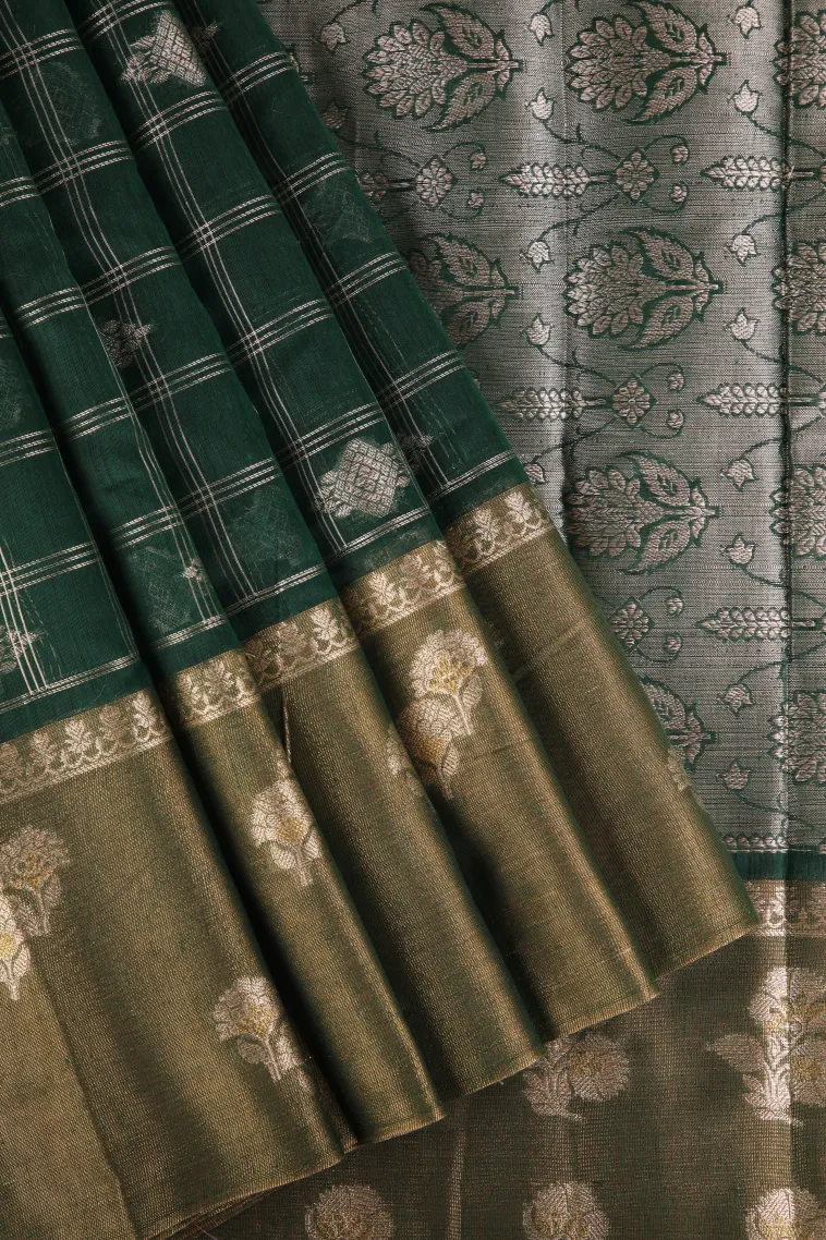 Bottle Green Raw Silk Sarees with Thread Zari Checks And Puttas