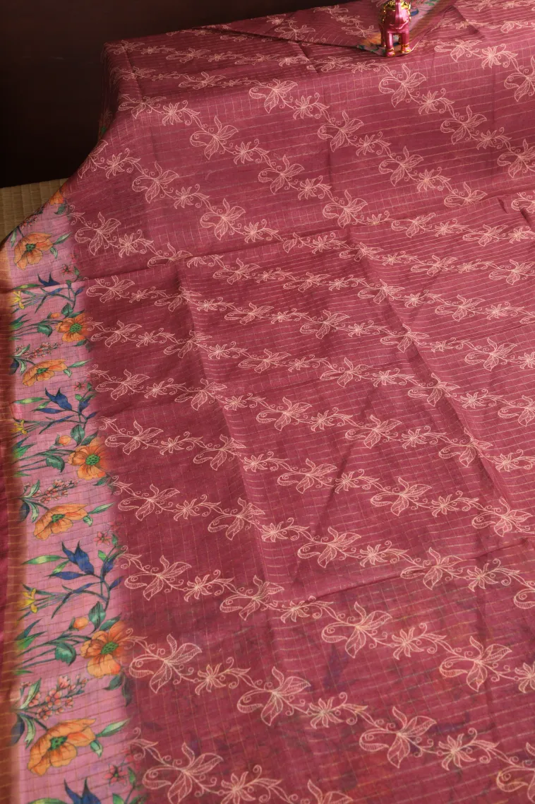 Magenta Purple Linen Saree with Gold Zari Checks And Puttas view 2