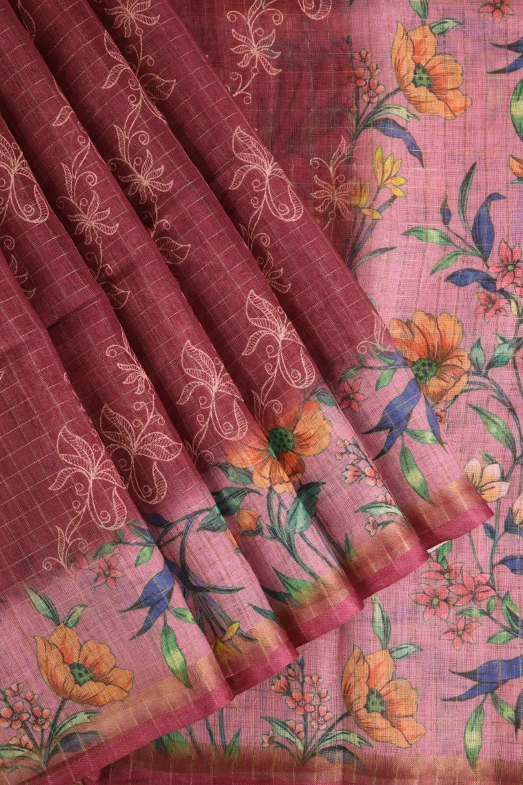 Magenta Purple Linen Saree with Gold Zari Checks And Puttas